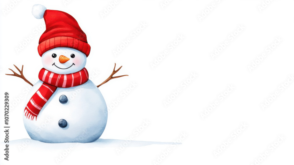 Christmas winter and holidays, Watercolor snowman with red scarf and hat, smiling cheerfully in winter. Perfect for holiday themes and festive decorations