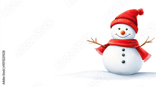 Christmas winter and holidays, cheerful snowman wearing red scarf and hat stands in snow, spreading joy during winter