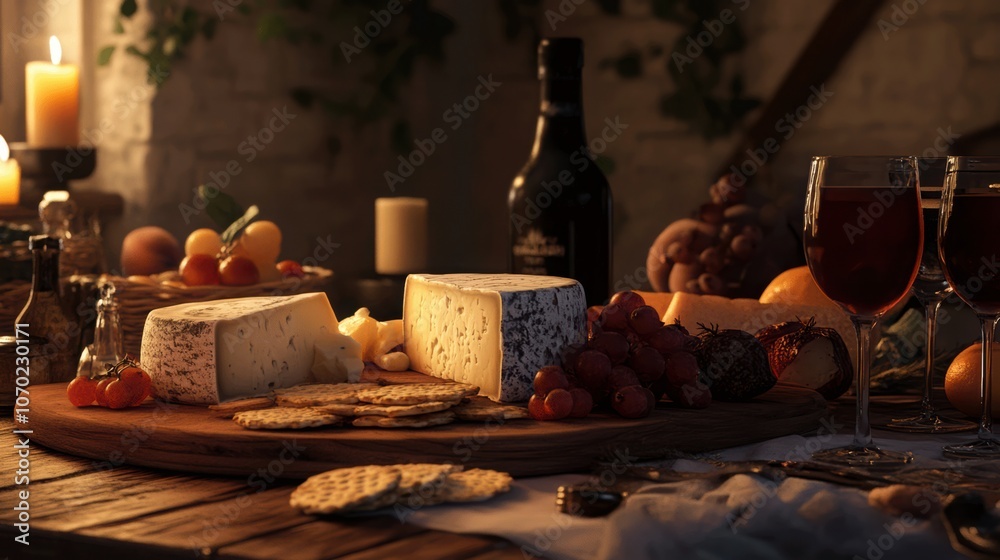 An inviting cheese board with a gourmet selection of cheeses, fruits, and accompaniments, arranged beautifully on a rustic wooden board. An inviting cheese board with a gourmet selection of cheeses, fruits, and accompaniments, arranged beautifully on a rustic wooden board.