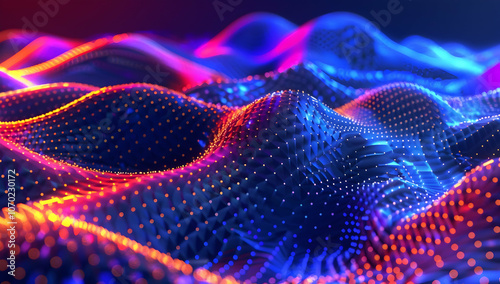 Fototapeta Naklejka Na Ścianę i Meble -  3D render, abstract background with colorful glowing dots on a dark blue wave landscape