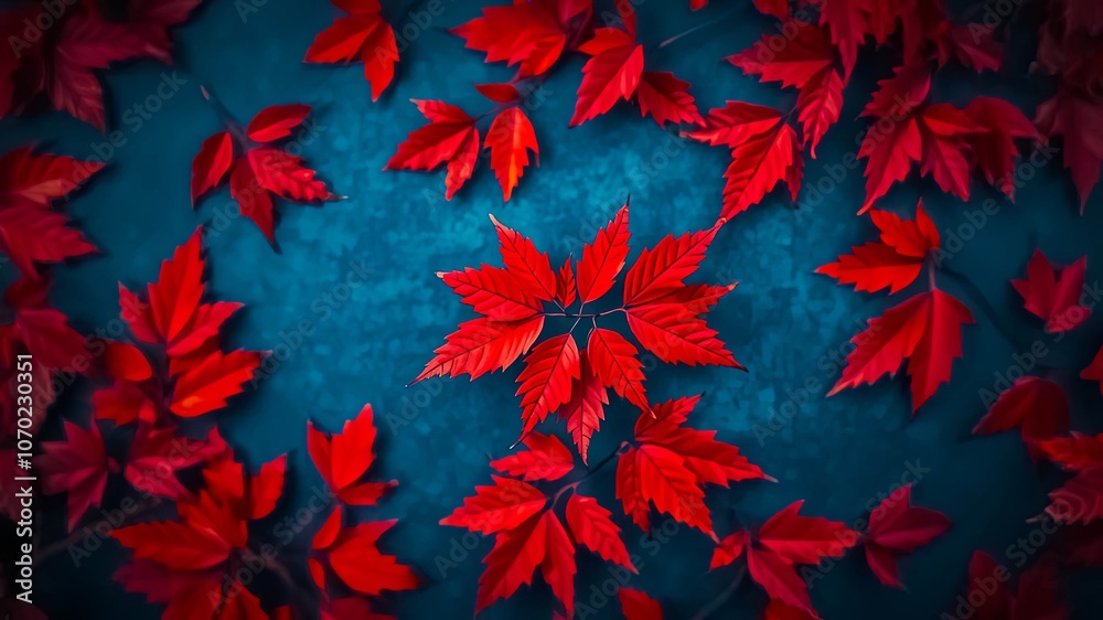 Vibrant Red Autumn Leaves on a Deep Teal Background, Capturing the Essence of Seasonal Change Vibrant Red Autumn Leaves on a Deep Teal Background, Capturing the Essence of Seasonal Change