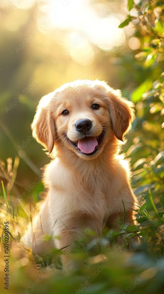 A cute golden retriever puppy is sitting in the grass A cute golden retriever puppy is sitting in the grass