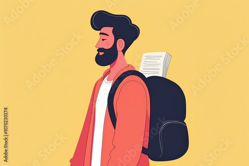 Illustrated Young Man with Beard and Backpack, Perfect for Education, Travel, and Lifestyle Themed Designs photo