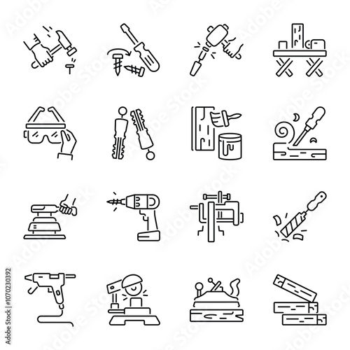 Set of 16 Woodworking Linear Icons

