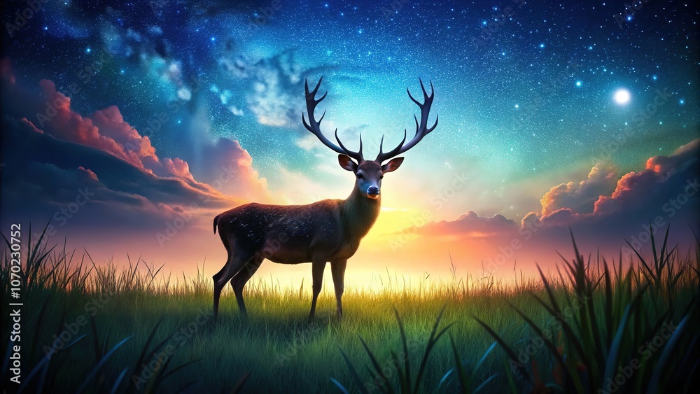AI-created deer portrait, a moonlit meadow scene. AI-created deer portrait, a moonlit meadow scene.
