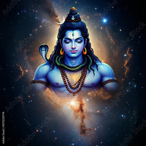 Cosmic portrayal of Lord Shiva with a galactic background, highlighting his role as the supreme cosmic force and master of the universe photo