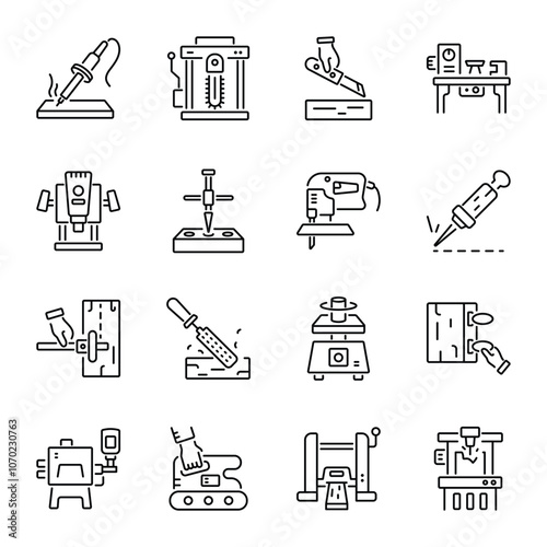 Bundle of Woodworking Tools Linear Icons 


