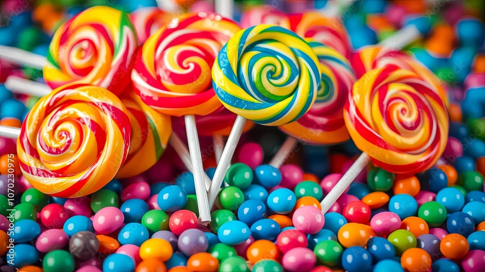 A vibrant display of colorful lollipops resting on a bed of assorted candy, a sugary delight for the senses. A vibrant display of colorful lollipops resting on a bed of assorted candy, a sugary delight for the senses.
