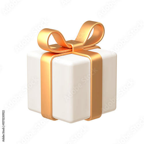 White gift box with golden bow ribbon isolated on white background. 3d render Christmas decorations. Vector illustration. Design elements.