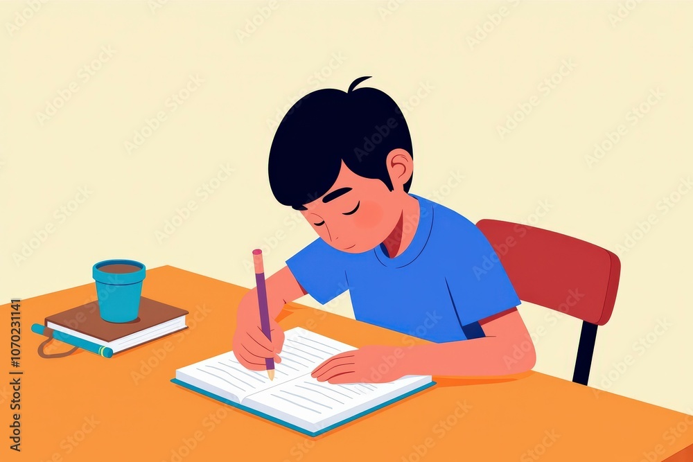 Focused Young Boy Studying at Desk with Books and Pencil - Perfect for Educational and Inspirational Posters Focused Young Boy Studying at Desk with Books and Pencil - Perfect for Educational and Inspirational Posters