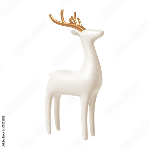 White deer with golden horns isolated on white background. 3d render Christmas decorations. Vector illustration. Design elements.