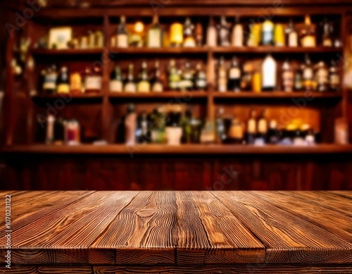 Rustic Bar Countertop: A wooden tabletop with a blurred background of a traditional bar with shelves stocked with bottles, creating a warm and inviting ambiance.  