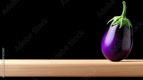 A stunning eggplant rests gracefully on a wooden table, illuminated by soft studio lighting against a dark background