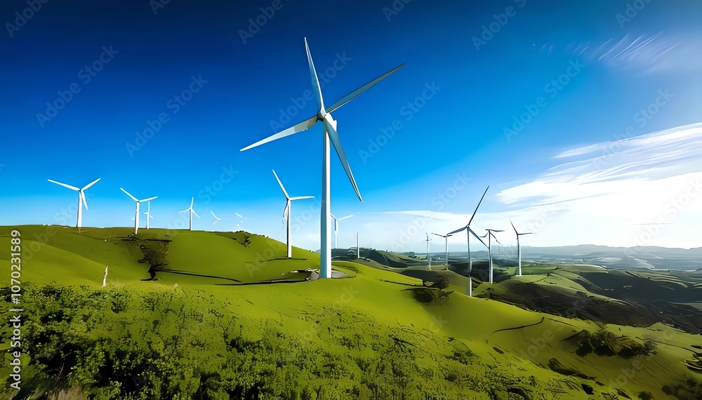 Obraz premium Wind Turbines Spinning on Green Hillside with Clear Blue Sky, High Detail Image Emphasizing Clean Energy and Sustainability, Perfect for Renewable Energy and Environmental Campaigns