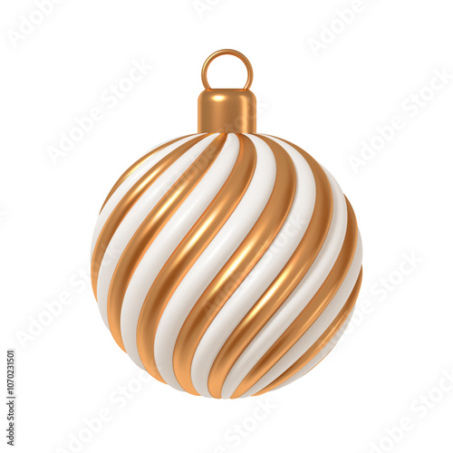 Golden striped Christmas ball isolated on white background. 3d render Christmas decorations. Vector illustration. Design elements.