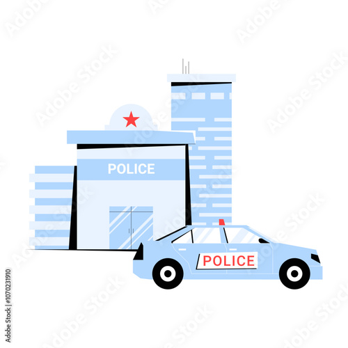 Police Station With Patrol Car In Flat Vector Illustration Symbolizing Law Enforcement, Security, And Public Safety, Isolated On White Background