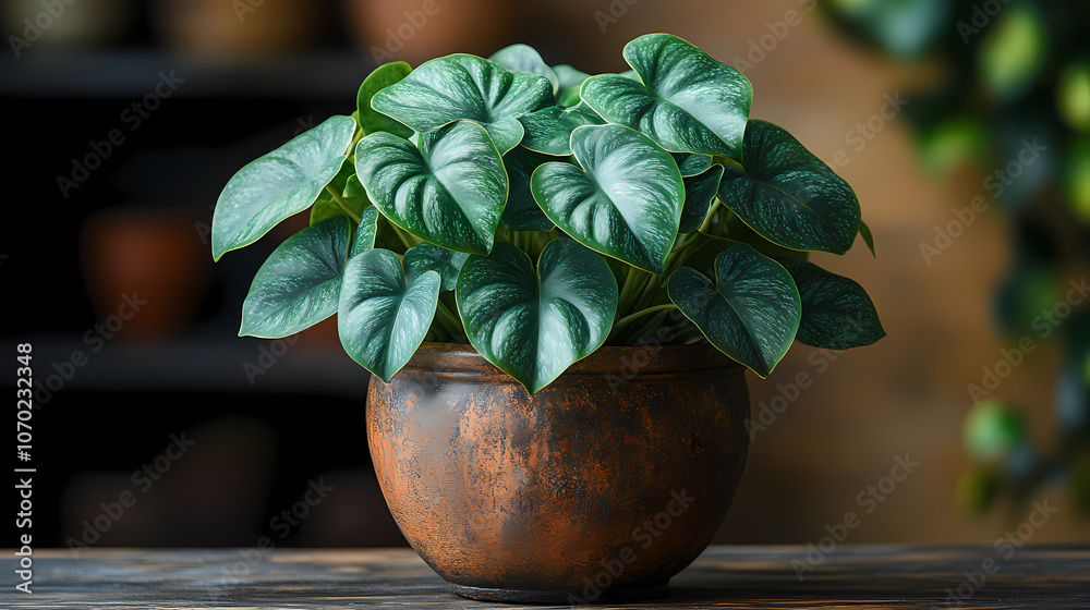 The leaves of a leafy philodendron in a rustic pot are shaped like hearts. The leaves of a leafy philodendron in a rustic pot are shaped like hearts.