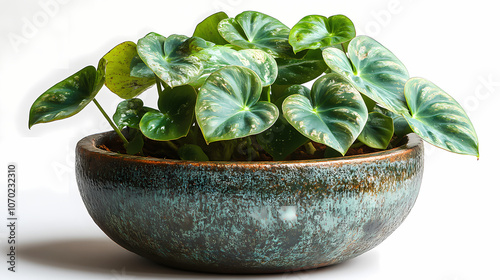 The leaves of a leafy philodendron in a rustic pot are shaped like hearts.