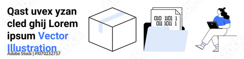 Package box, data files in folder, person with laptop. Ideal for digital organization, data management, remote work, cloud storage, office productivity, tech solutions, binary code. Landing page