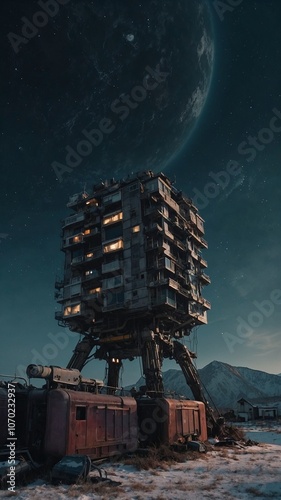 Massive futuristic building on mechanical legs, towering over a desolate snowy landscape under a star-filled sky with a nearby planet looming large