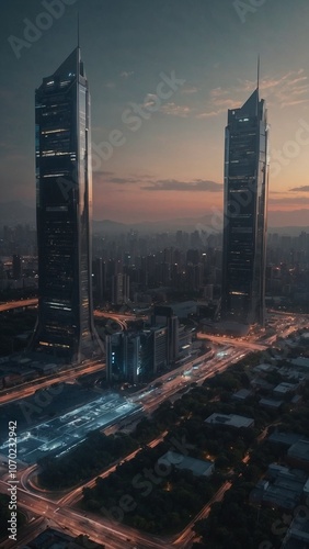 Futuristic twin skyscrapers dominating a sprawling urban landscape at dusk, with illuminated roads and a dramatic sunset sky