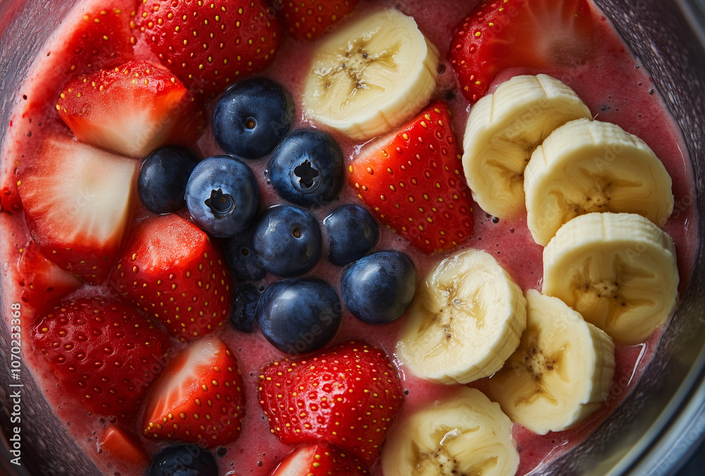 smoothie ingredients such as bananas, strawberries and berries in blender smoothie ingredients such as bananas, strawberries and berries in blender