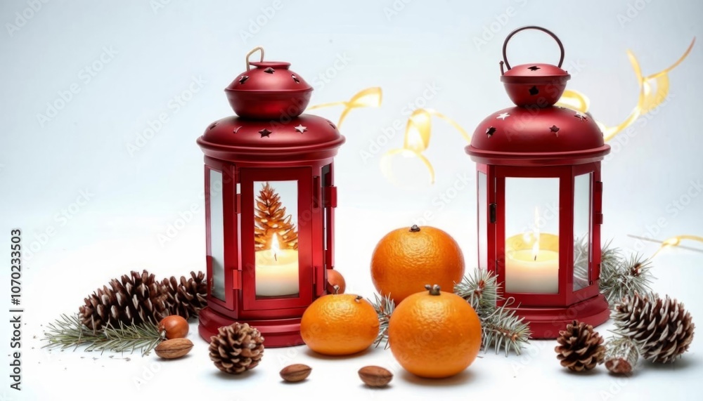 A red candlelight lantern, tangerines, pine cones, and nuts set against a Christmas-themed white background. AI generated.
