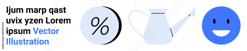 Text block with nonsense words beside circle with percentage symbol, watering can, and blue happy face. Ideal for education, finance, gardening, branding, marketing, UIUX design, web development Text block with nonsense words beside circle with percentage symbol, watering can, and blue happy face. Ideal for education, finance, gardening, branding, marketing, UIUX design, web development