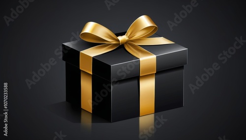 Elegant black gift box with a golden ribbon and bow on a dark background