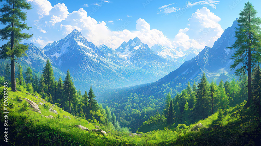 Majestic panoramic view of summer mountains with clear skies and wildflowers Majestic panoramic view of summer mountains with clear skies and wildflowers