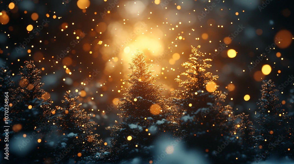 Obraz premium golden lights snowy evergreen trees space text