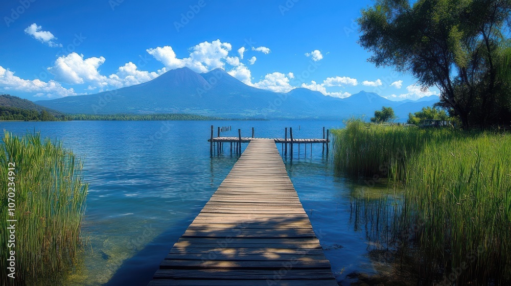Obraz premium Tranquil Lake View with Mountain & Wooden Dock
