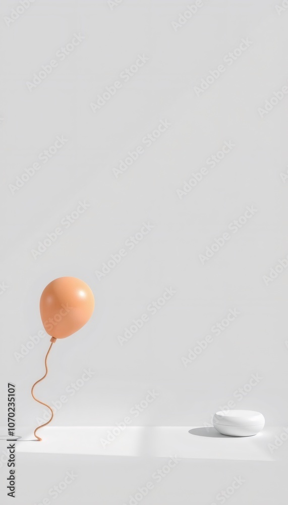 Minimalist still life with a peach balloon and a white round object on a white surface. Minimalist still life with a peach balloon and a white round object on a white surface.