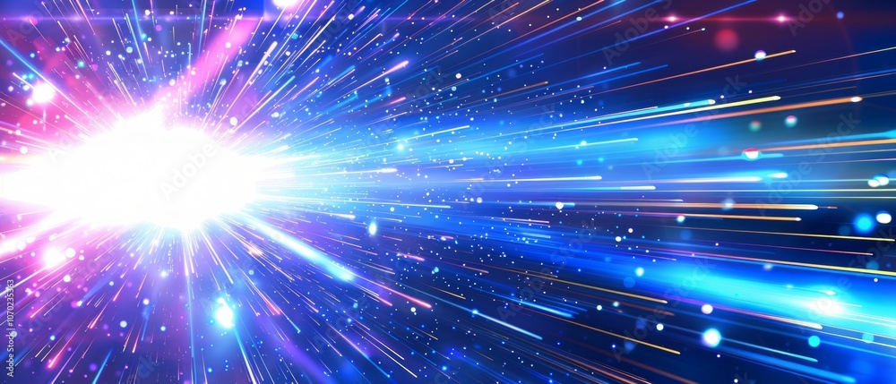 Abstract digital artwork showcases dynamic, vibrant lighting effects with a bright circular flash emitting blue and pink light trails, creating an explosive visual resembling high-speed light passing Abstract digital artwork showcases dynamic, vibrant lighting effects with a bright circular flash emitting blue and pink light trails, creating an explosive visual resembling high-speed light passing