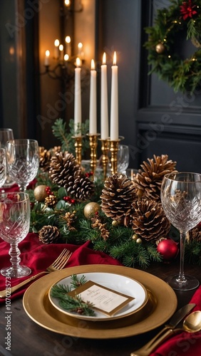 Luxurious holiday tablescape featuring tall white candles in golden holders, lush greenery, pinecones, and crystal glassware on a rich red tablecloth, set for a christmas dinner