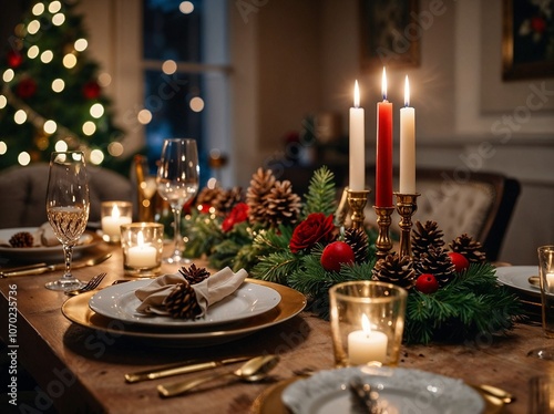 Elegant holiday dinner table set with gold-rimmed plates, festive candles, and a centerpiece of pinecones, red berries, and evergreen branches, with a glowing Christmas tree in the background