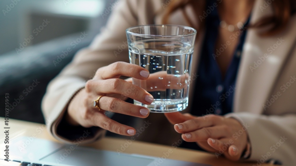 A professional woman in a blazer holds a glass of water in a home office setup with a blurred background of a couch and laptop. A professional woman in a blazer holds a glass of water in a home office setup with a blurred background of a couch and laptop.