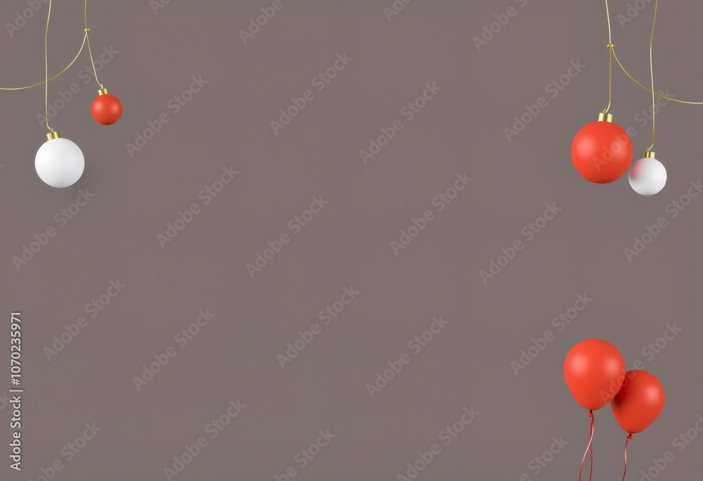 Red and white Christmas ornaments and red balloons hanging against a gray background. Red and white Christmas ornaments and red balloons hanging against a gray background.