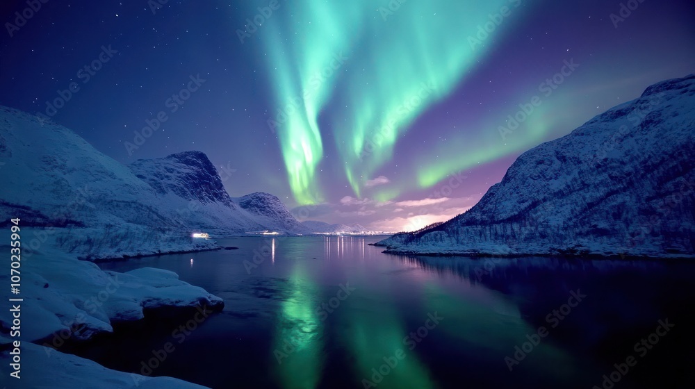 Aurora Borealis lighting up the Arctic sky with dancing green and purple hues Aurora Borealis lighting up the Arctic sky with dancing green and purple hues