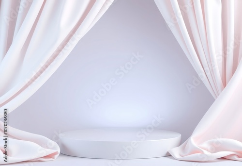 Minimalist white pedestal with pink fabric drapes.