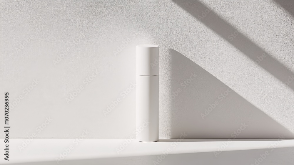 A sleek, minimalist white container stands upright on a shelf, illuminated by natural light, creating soft shadows on the wall behind it, contributing to a serene atmosphere.