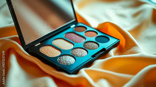 A close-up of a makeup palette with shimmering eye shadow shades, partially open on a smooth and soft surface, revealing a subtle reflection of light in its mirror. photo