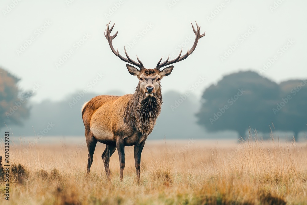 A majestic deer with impressive antlers stands gracefully in a field A majestic deer with impressive antlers stands gracefully in a field