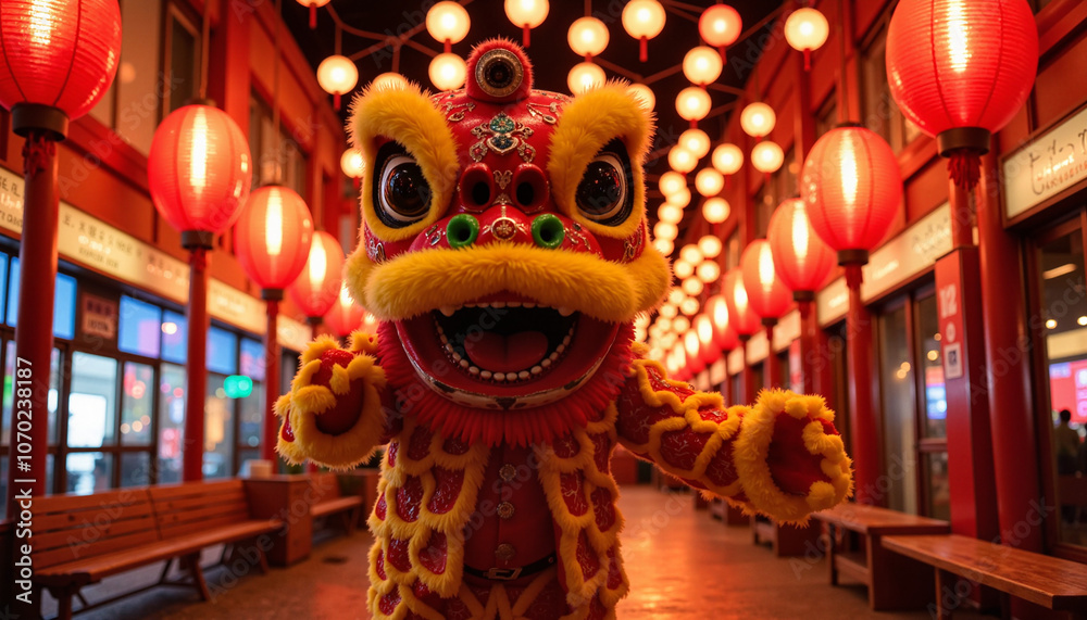 Fototapeta premium A lively lion dance costume performing under a canopy of red lanterns in a festive cultural setting