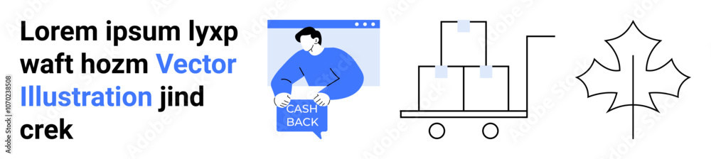 Man holding cashback coupon, stack of three boxes on cart, maple leaf outline. Ideal for e-commerce, delivery services, seasonal promotions, packaging, financial incentives, web design, marketing Man holding cashback coupon, stack of three boxes on cart, maple leaf outline. Ideal for e-commerce, delivery services, seasonal promotions, packaging, financial incentives, web design, marketing