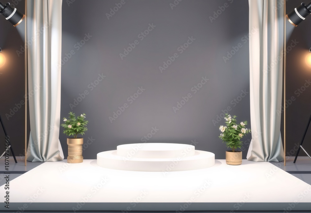 Minimalist studio scene with white platform and gray backdrop. Minimalist studio scene with white platform and gray backdrop.