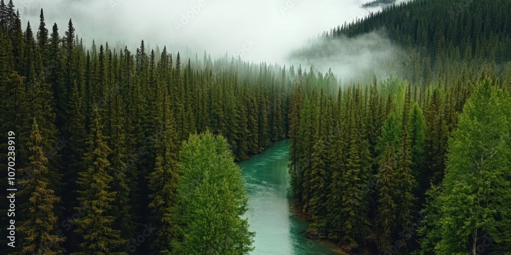 Misty River Surrounded by Pine Forest Misty River Surrounded by Pine Forest