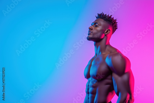 Athletic Man Posing in Sportswear with Focused Expression and Muscular Build in Studio Setting, Gradient Lighting Highlighting Musculature for Professional Sports Image photo