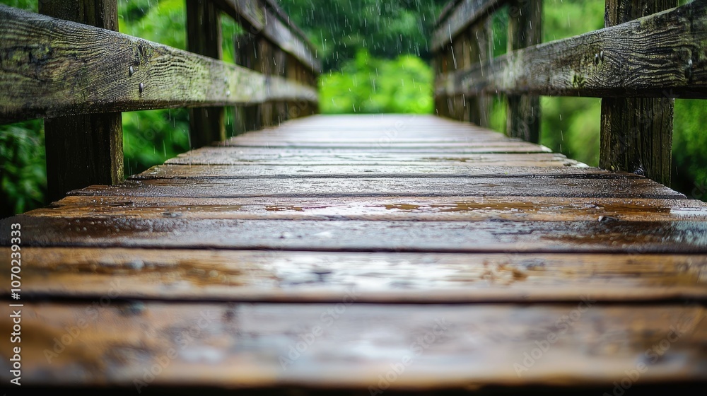 Obraz premium A wooden bridge in the forest, with raindrops falling on the wood.