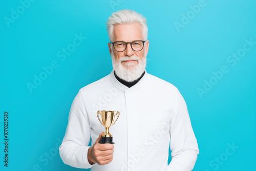 Happy man celebrating with a trophy in hand, standing in front of a solid bright-colored wall, creating a cheerful victory scene with soft lighting photo
